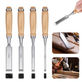 Chisel Set for Wood, 4 Pieces, Wood Chisel with Impact Cap, Woodworking Tools, Ripping Chisel Set Made of CRV Steel, Carving Tool, Wood Chisel for Precise Work 6/12/18/24 mm