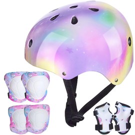 Children's Helmet Knee Elbow Wrist Pads Adjustable Knee Pads Elbow Pads Wrist Guards Skateboard Helmets for Scooter Cycling Scooter Skating Girls 3-8 Years