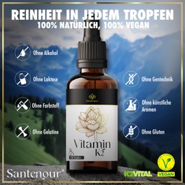 Santenour® Vitamin K2 Tropfen – 200 µg pro Tagesdosis – 1700 Tropfen – Hochdosiert – Ohne Zusatzstoffe – 50 ml – Vegan – K2VITAL®