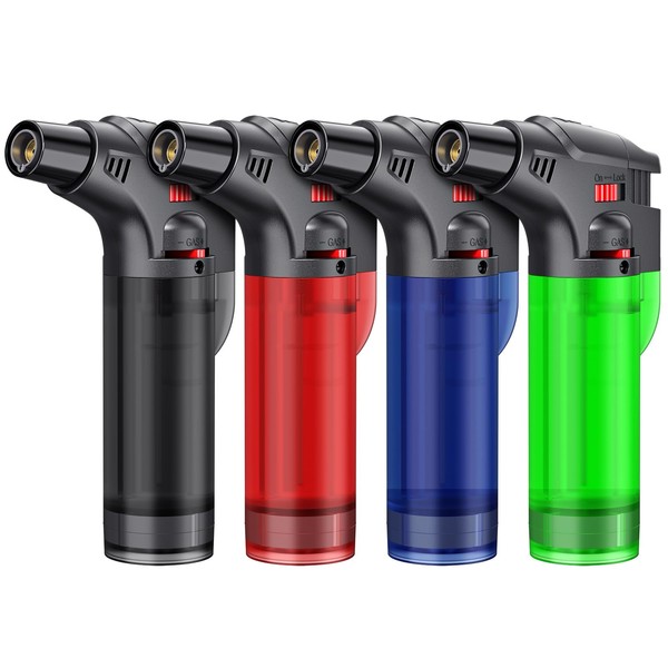 Torch Lighter, Butane Lighter, Windproof Butane Refillable Torch Flame Lighter, Multi Utility Lighter for Candles Fireplaces Campfires BBQ Grill Pilot Lights, 4 Pack (Butane Not Included)