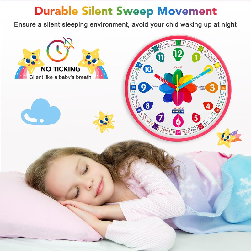 Homotte Analog Learning Clock for Kids, 10 Inch Pink Wall