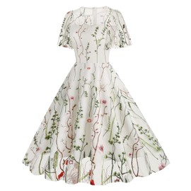Women Floral Embroidery Dress Mesh Sheer Flutter Sleeve Embroidered Dress Illusion Retro Vintage Cocktail Party Dress Patchwork Wedding Guest A-line Tulle Evening Dress White-Ruffle Sleeve L