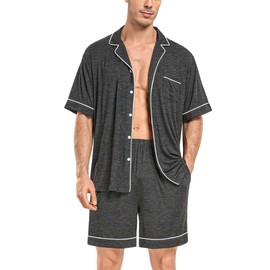 DIKFA Mens 2 Piece Pajamas Short Sleeve Loungewear Set Soft Sleepwear Button-Down Pj Gifts Cmofy PJS Deep Grey