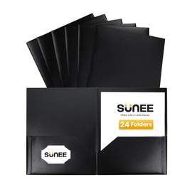 SUNEE 2 Pocket Folders (24 Pack, Black) Heavy-Duty Plastic Folders with Pockets, Fit 8.5x11 Letter Size Paper, 2-Pocket File Folders for Kids, Home, School, Office