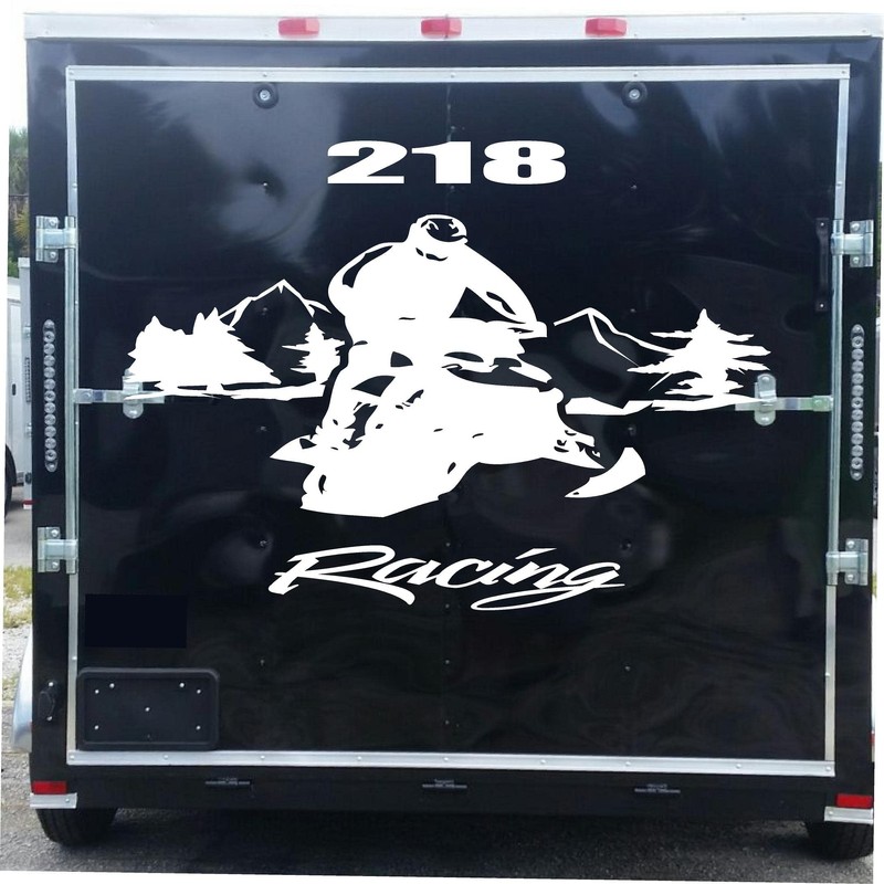Fly Snowmobile Racing Trailer Decals Mountains Trees Stickers (White)