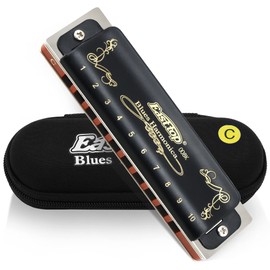 East Top Harmonica Blues Harmonica 10-Hole C Key 10 Holes 20 Tones Brass Cover Canvas Case Cleaning Cloth Beginner Expert Study Practice Use Diatonic Harmonica (T008-Black C)