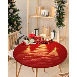 Christmas Tree Round Fitted Table Cover for Dining Tables,Elastic Edged Tablecloth Shining Lights Golden Xmas Trees Waterproof Oil Proof Tables Cover Cloths for Kitchen Dinner Party Event
