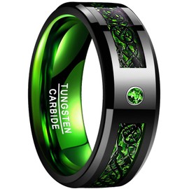 NUNCAD Mens and Womens Tungsten Carbide Ring Black Celtic Dragon Green Carbon Fiber Wedding Band Size X1/2