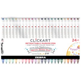 ZEBRA PEN ClickArt Retractable Marker Pen, Fine Point, 0.6mm, Assorted Light & Dark Ink Colors, 24-Pack, 69824