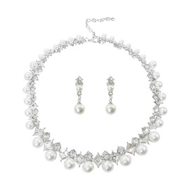 AILUOR Pearl Jewelry Set for Women, 14K Gold/Silver Plated Pearl Necklace and Earring Set Pearl Drop Earrings Pearl Bracelets Pearl Choker Necklace Wedding Bridal Jewelry for Women Gift (2pcs Silver)