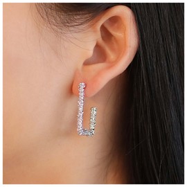 Inilbran Boho U Shape Earring Vintage Oval U Hoop Studs Earrings Textured Square Hoops Earrings Silver Geometric Minimalist Earrings Jewelry for Women and Girls