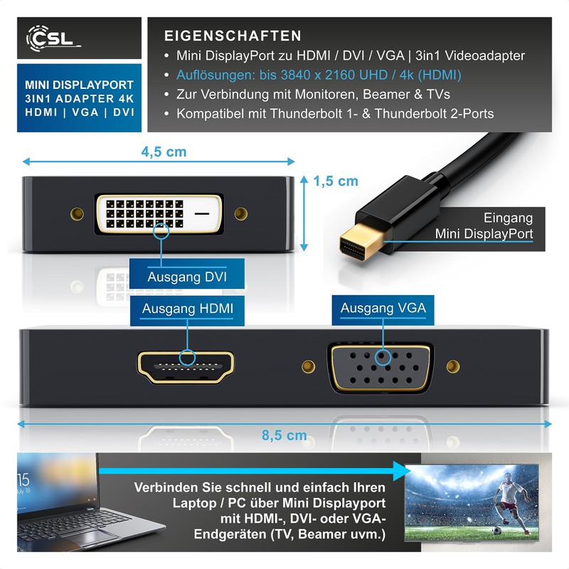 CSL - Mini DP HDMI 3-in-1 Adapter, Black