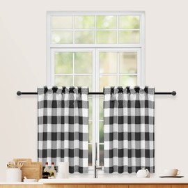 Simple Deluxe Buffalo Plaid Check Kitchen Tier Curtains, Short Small Window Gingham Curtain for Cafe, Bathroom, Kitchen Rod Pocket Curtains, Black and White, Tiers|26'' W x 24'' L X 2 Pcs