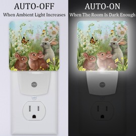 Rabbit and Butterfly Spring Flowers Night Lights Plug into Wall Decorative Auto Sensor Dusk to Dawn LED Nightlights for Kids Room, Bedroom, Bathroom, Kitchen, Hallway, Stairs, Energy Saving
