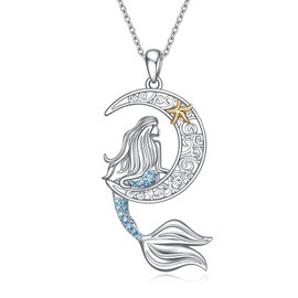 YAFEINI Mermaid Necklace Sterling Silver Moon Star Pendant Mermaid Jewellery Gifts for Women, Sterling Silver, Cubic Zirconia