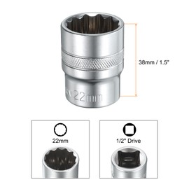 sourcing map 1/2" Drive by 22mm 12-Point Shallow Socket 38mm Length Metric Spline Socket