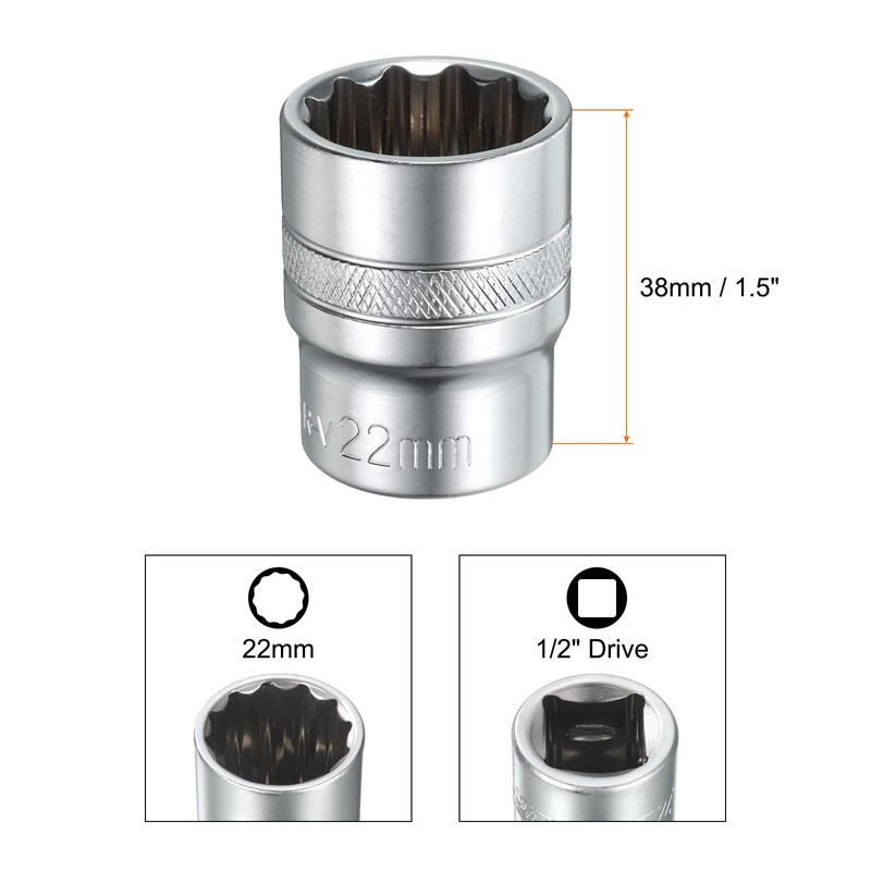 sourcing map 1/2" Drive by 22mm 12-Point Shallow Socket 38mm