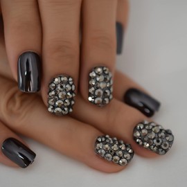 iMABC Mirror Punk Rock Style False Nails Short 24pcs Set Metallic Chrome Fake Artificial Nails With Rhinestone Dark Rivet 3D Press On Nails Tips Kit