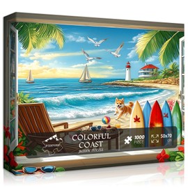 Beach Puzzles for Adults 1000 Piece, Summer Ocean Puzzle Features Flower Animal Dog Bird Plant Lighthouse Sailing, Colorful Seaside Challenge Jigsaw Puzzles