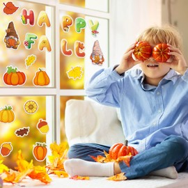 Whaline 44Pcs Fall Thick Gel Clings Pumpkin Leaves Acorn Gnome Window Gel Decals Stickers Reusable Happy Fall Window Clings for Autumn Thanksgiving Home Classroom Window Decals Party Supplies Gift
