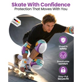 SKATEWIZ Knee and Elbow Pads Adult - Skating Protective Gear Adult - Shield - Size M Lavender Blue - Skateboard Pads with Wrist Guards for Inline Skates, Roller Skate - Ice Skates for Women