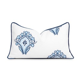 Hofdeco Premium Coastal Patio Indoor Outdoor Lumbar Pillow Cover Only, 12"x20" Water Repellent for Backyard, Couch, Navy Blue Floral with Piping