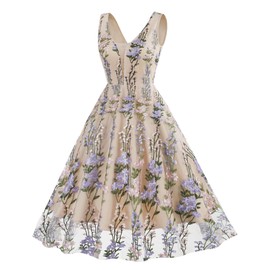 Double V Neck Floral Embroidery Dress for Women Plunging Neck Sleeveless Mesh Flower Embroidered Dress Summer Formal Wedding Dress A-line Tulle Prom Dress Vintage Homecoming Dresses Apricot+Purple S