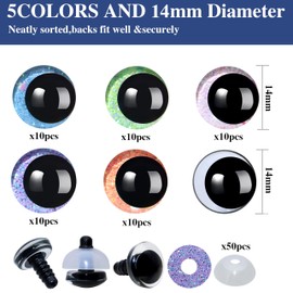 100Pcs 3D Glitter Safety Eyes and Washers - Thalinfayi 14mm 5Colors Strabismus Safety Eyes Glitter Moon Crochet Amigurumi Eyes for DIY Making or Replace of Amigurumi, Crafts, Crochet Doll Supplies