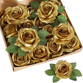 20 rosas doradas artificiales, rosas falsas, flores de seda de aspecto real, a granel, grandes flores de imitación con tallos para centros de mesa de mesa, decoración del hogar, fiesta