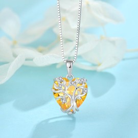 FJ Tree of Life Necklace Women's 925 Sterling Silver Heart Tree of Life Necklace Pendant Birthstone Jewellery Gifts for Women, Cubic Zirconia, Citrine