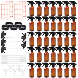TANEMUDO 35 Pcs Glass Spray Bottles 8 oz Refillable Trigger Sprayers with Funnels for Essential Oil Cosmetic and Cleaning Solutions Containers with Labels, Droppers, and Spare Lids (Brown)