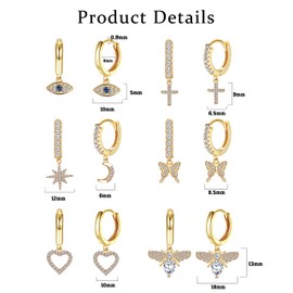 KALVICA 6 Pairs Gold Hoop Earrings for Women Girls 14 Carat Gold-Plated Earrings Hanging Gold Hoop Earrings with Zirconia Gold Earrings Pearls Evil Eye Stars Hanging Earrings Hoop Earrings Set, Copper