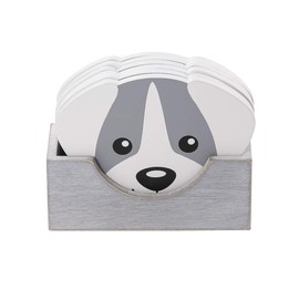 SPOTTED DOG GIFT COMPANY Dog Coasters Set of 6, Cute Wooden Coasters With Holder for Drinks Mugs Cups, Dog Themed Home Kitchen Decor Accessories, Gifts for Dog Lovers, Grey