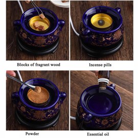 Electric Resin Burner with Timing,Ceramic Electric Incense Burner,Bakhoor Burner Censer 110 V for Home Porch,Patio,Garden,Office,Yoga, Living Room, Meditation Room (Blue Gold)