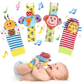svpfuo 4 Stück Rasselsocken Baby, Handgelenk Rasselsocken und Fußfinder Spielzeug, Rassel Baby Socken Babyspielzeug Handgelenk, Sinnesspielzeug für Neugeborene von 0 bis 6 Monaten