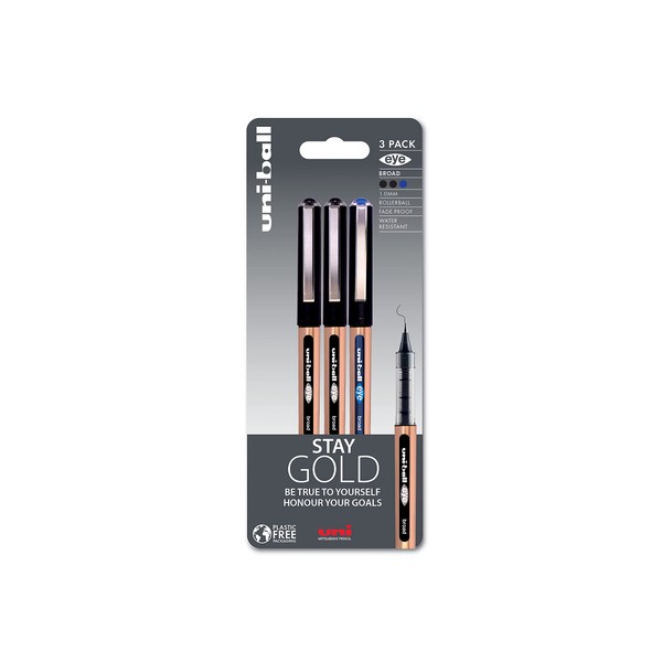 uni-ball On Point ‘Stay Gold’ Eye Broad Rollerball Handwriting Pens 3 Pack in Black and Blue Ink