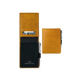 DELMON VARONE - Notepad Case DIN A7 Including 2 x Notepads and 1 x Mini Ballpoint Pen Reporter Pad (Brown) Premium Genuine Leather with Pen Loop, Slip Pocket & Blank Pad Unlined & Tearable
