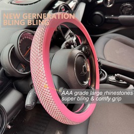 PINCTROT Bling Bling Comfy Steering Wheel Cover with Jumbo Crystal Rhinestones, Anti-Slip Diamond Leather, Universal 15 Inch (All Pink)