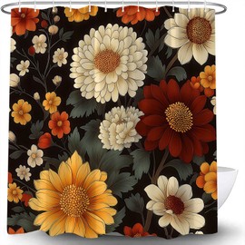 Black Boho Floral Shower Curtain Vintage Black Orange Red Flower Plant Mid Century Abstract Modern Retro Botanical Retro Minimalist Aesthetic Bathroom Curtain with Hook,70x70 Inch
