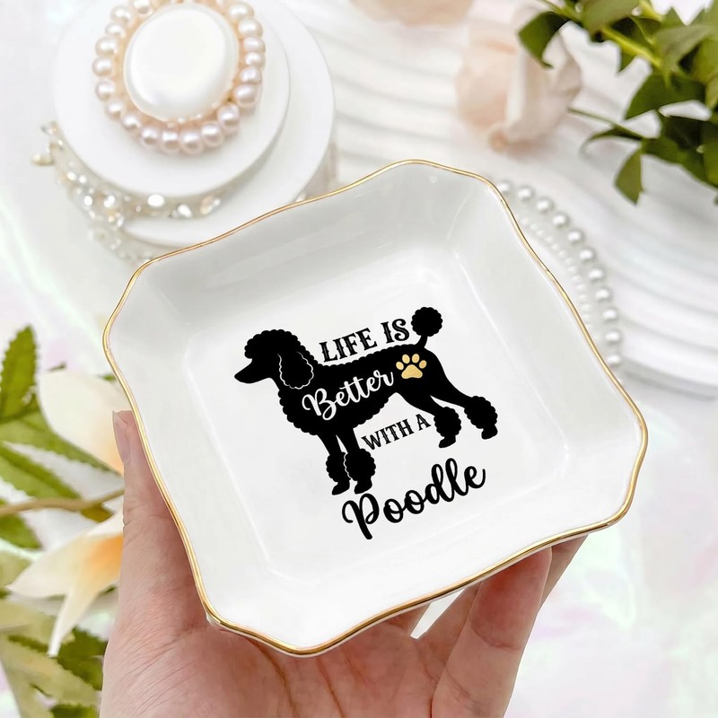 Pininerr Poodle Ceramic Jewelry Tray, Decorative Trinket Dish 4.33"