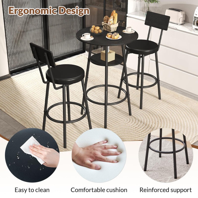 Zevemomo 3 Pieces Round Bar Table Set, Small Dining Table