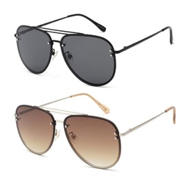 VIVIENFNAG 2 Pack Oversized Aviator Sunglasses for Women, A Black Polarized Sunglasses A Gradient Brown with UV400 Protection