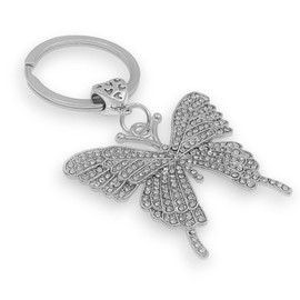 Silver Butterfly Keychain with Rhinestones | 3 Inch Crystal Bag Charm | Elegant Purse Accessory with Gift Pouch