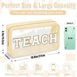 izuzta - Bolsas de maquillaje de chenilla, con cierre, transparente, PVC, impermeable, con purpurina, para mujeres y niñas, TEACH-Beige