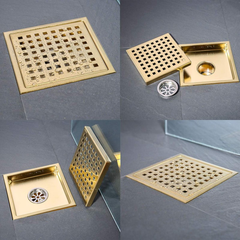 SEABEFORE Shower Drain 6 Inch Brushed Gold,Stainless Square Shower Floor