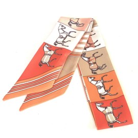 Horse Equestrian Skinny Scarf for Women Handbag - Silk Like Ribbon Neckerchief - H, Bag, Purse, Handbag, Hair, Handle, Accessory, Gift (Orange and Taupe)