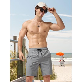 Arcweg Men's Swim Trunks 9" Swim Shorts with Compression Liner and Zipper Pockets Quick Dry Bathing Suit Swimsuit Beach Shorts, L Grey