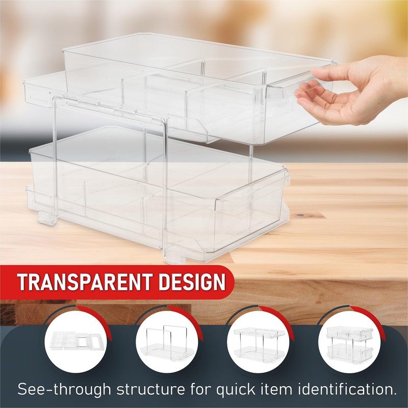 Masirs 2-Tier Clear Pull-Out Drawer Organizer - Sleek, Compact &