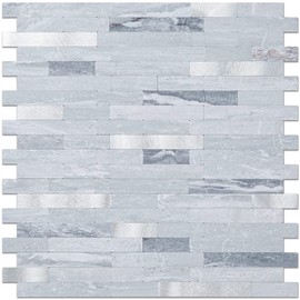 DICOFUN 10-Sheets Peel and Stick Backsplash Wall Tile, Faxu Stone PVC Mixed Metal Kitchen Backsplash Peel and Stick in Light Grey