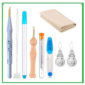 17PCS Punch Needle Embroidery Kits Adjustable Punch Needle Wood Handle Embroidery Pen Threader Cloth for DIY Craft Embroidery Cross Stitching